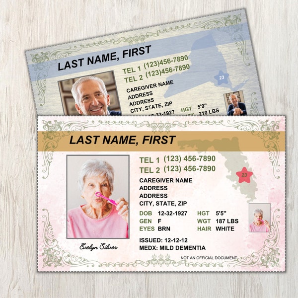 Modèle de carte d'identité pour senior | Concevez une pièce d'identité réaliste. carte pour les personnes âgées, les personnes ayant des besoins spéciaux, la maladie d'Alzheimer, les retraités, les militaires, les cadeaux