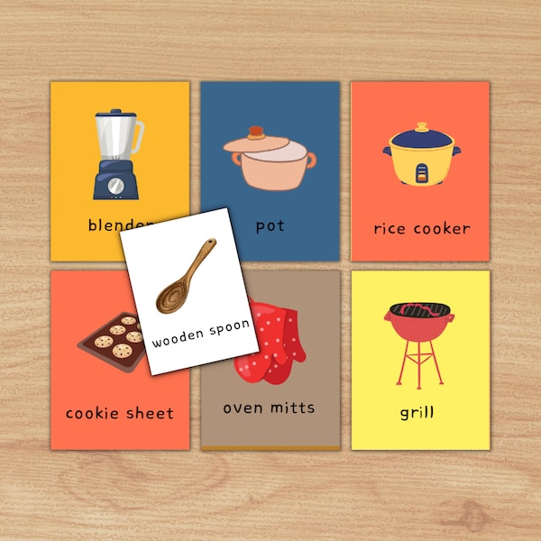 Kitchen and Cooking Printable Flashcards PDF, Picture Vocabulary Cards for ESL/SPED/Speech Conversation Games, Fun and Learning Resource