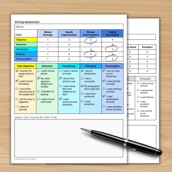 Writing Assessment Rubric Grading Worksheet and Template for ESL/ELL Presentations or Speaking Evaluations