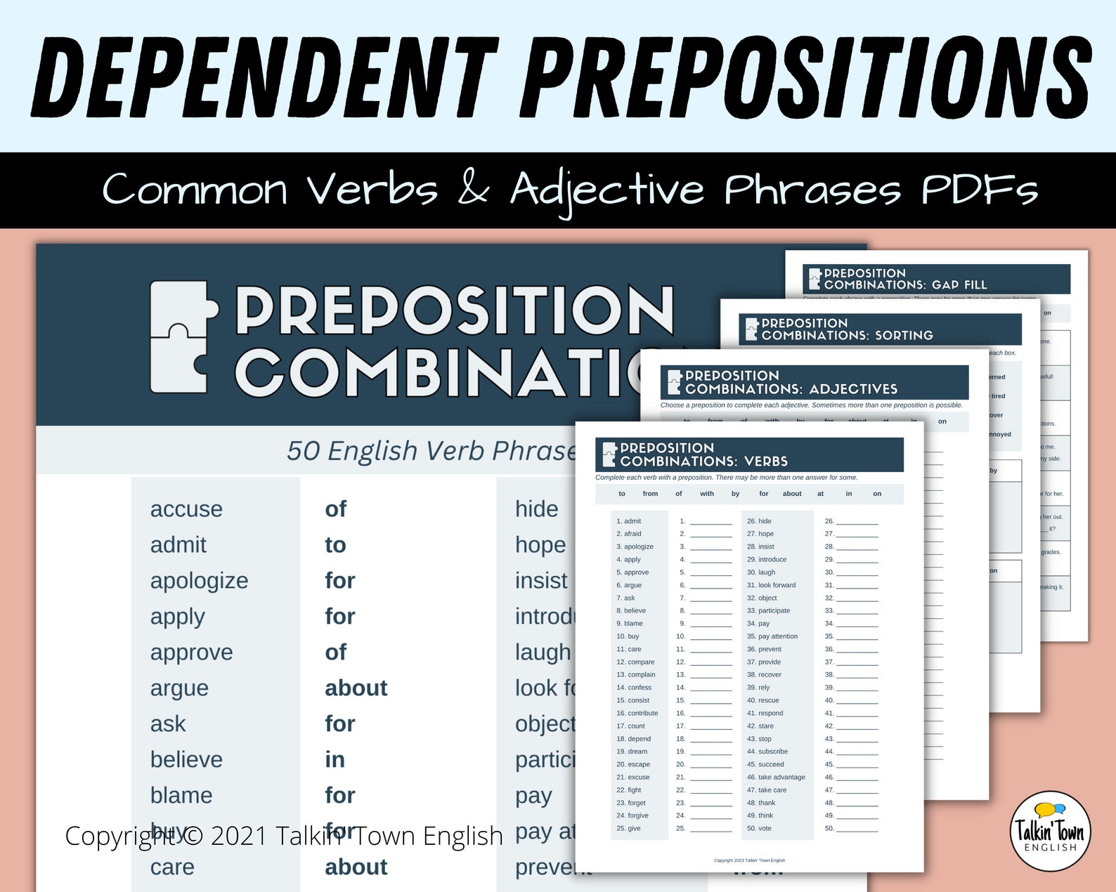Dependent Prepositions List Worksheet Packet for ESL/ELL - Etsy