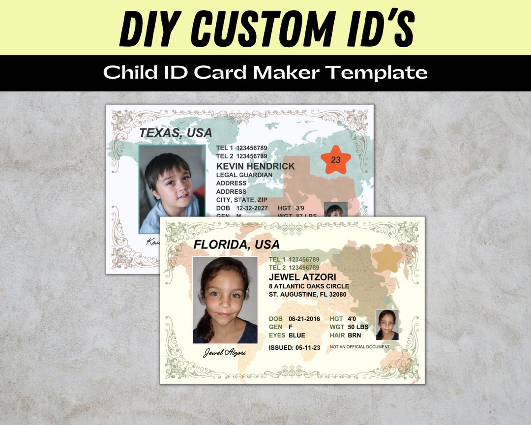Child id card kid id card template for child safety custom diy on