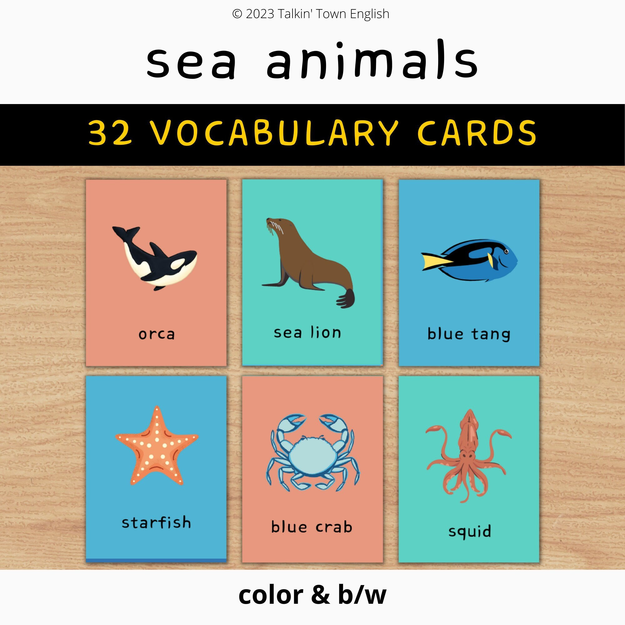 Printable Sea Animals Vocabulary Flashcards PDF, 32 Oceanography
