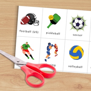 Cartões de vocabulário esportivo | 32 esportes e equipamentos esportivos para jogos de ESL, comparações e conversação em inglês PDF para impressão em cores