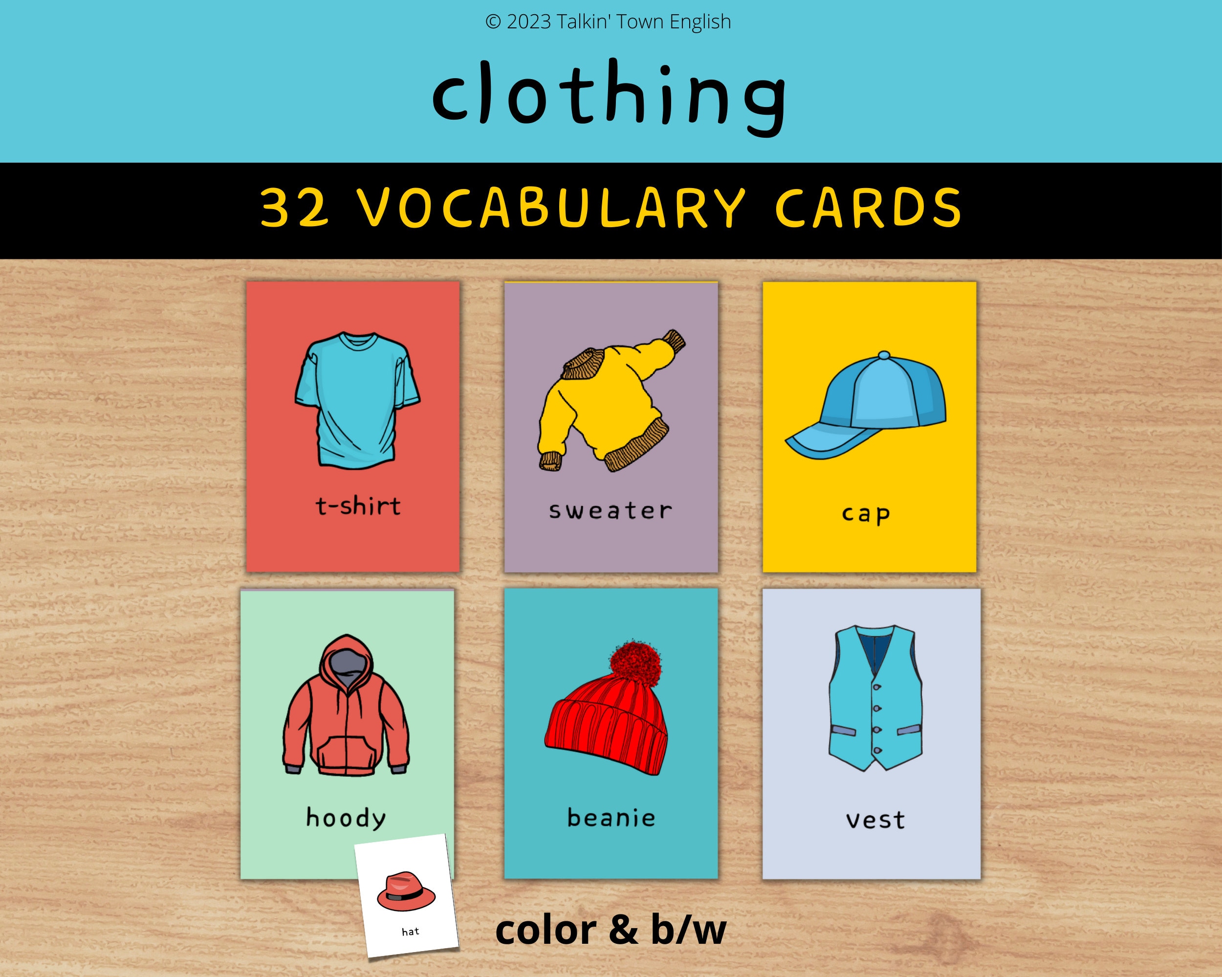 Clothing Flashcards ESL, 32 Printable English Language Vocabulary Cards