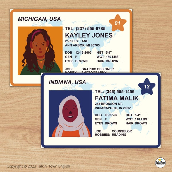 Printable ID Cards with 16 Illustrated Characters and Template to Create Your Own ID Cards for Role Play/ESL/Speaking