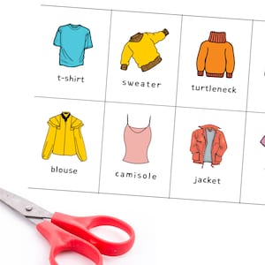 Tarjetas con imágenes de ropa: 32 tarjetas de vocabulario de ropa y accesorios imprimibles en formato PDF para recursos de enseñanza de inglés, ESL, SPED, desfiles de moda