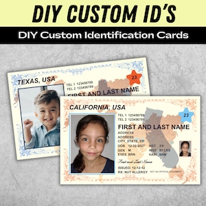 Kinderidentiteitskaart, gepersonaliseerde identiteitskaart met foto SJABLOON Kinderveiligheid, gepersonaliseerde doe-het-zelver op canvas, thuis afdrukbaar, realistisch voor plezier en reizen