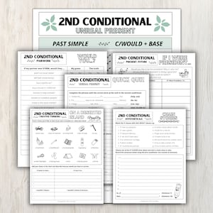 Op de afbeelding: Een set printbare werkbladen voor het onderwijzen van Engelse grammatica. De werkbladen richten zich op de tweede voorwaardelijke zin, met behulp van de zinnen "Als ik president was..." en "Als mijn partner € 1000 won, zou hij/zij..."