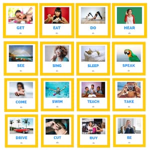 Puede incluir: Un conjunto de tarjetas con bordes amarillos, cada una con un verbo de acci&oacute;n diferente. Los verbos incluyen "GET", "EAT", "DO", "HEAR", "SEE", "SING", "SLEEP", "SPEAK", "COME", "SWIM", "TEACH", "TAKE", "DRIVE", "CUT", "BUY" y "BE".