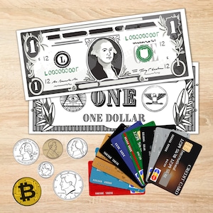 PDF realista imprimible de dinero falso de moneda estadounidense: billetes, monedas, Bitcoin y tarjetas de crédito falsos para educación en el aula, dinero ficticio, ESL