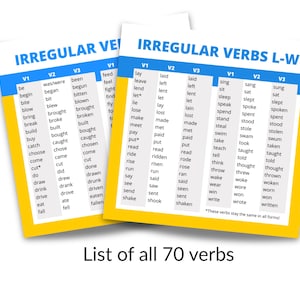 Puede incluir: Dos tarjetas amarillas y blancas con una lista de verbos irregulares. Las tarjetas muestran los verbos en tres formas: V1, V2 y V3. El texto "IRREGULAR VERBS L-W" y "List of all 70 verbs" son visibles.