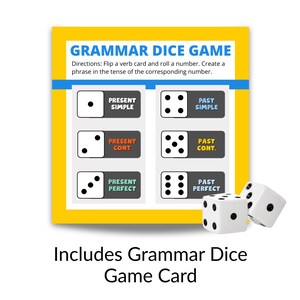 Puede incluir: Un juego de dados de gram&aacute;tica con instrucciones y ejemplos de tiempos verbales. La tarjeta es amarilla con detalles azules e incluye dados y el texto "GRAMMAR DICE GAME". Se muestran dos dados blancos junto a la tarjeta.