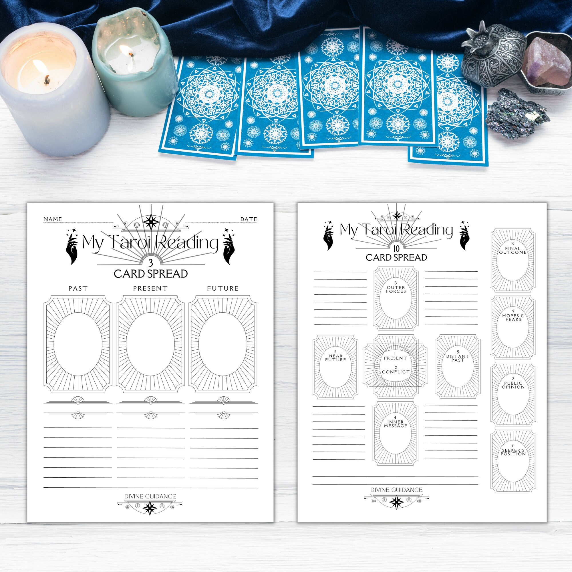 Tarot Reading Worksheets: 3-card & Celtic Cross Spreads (digital