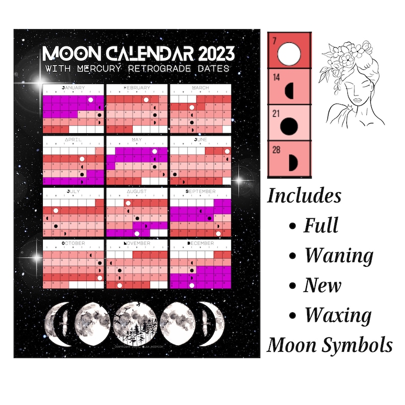 Full Moon Calendar 2023 With Mercury Retrograde Dates Lunar Etsy