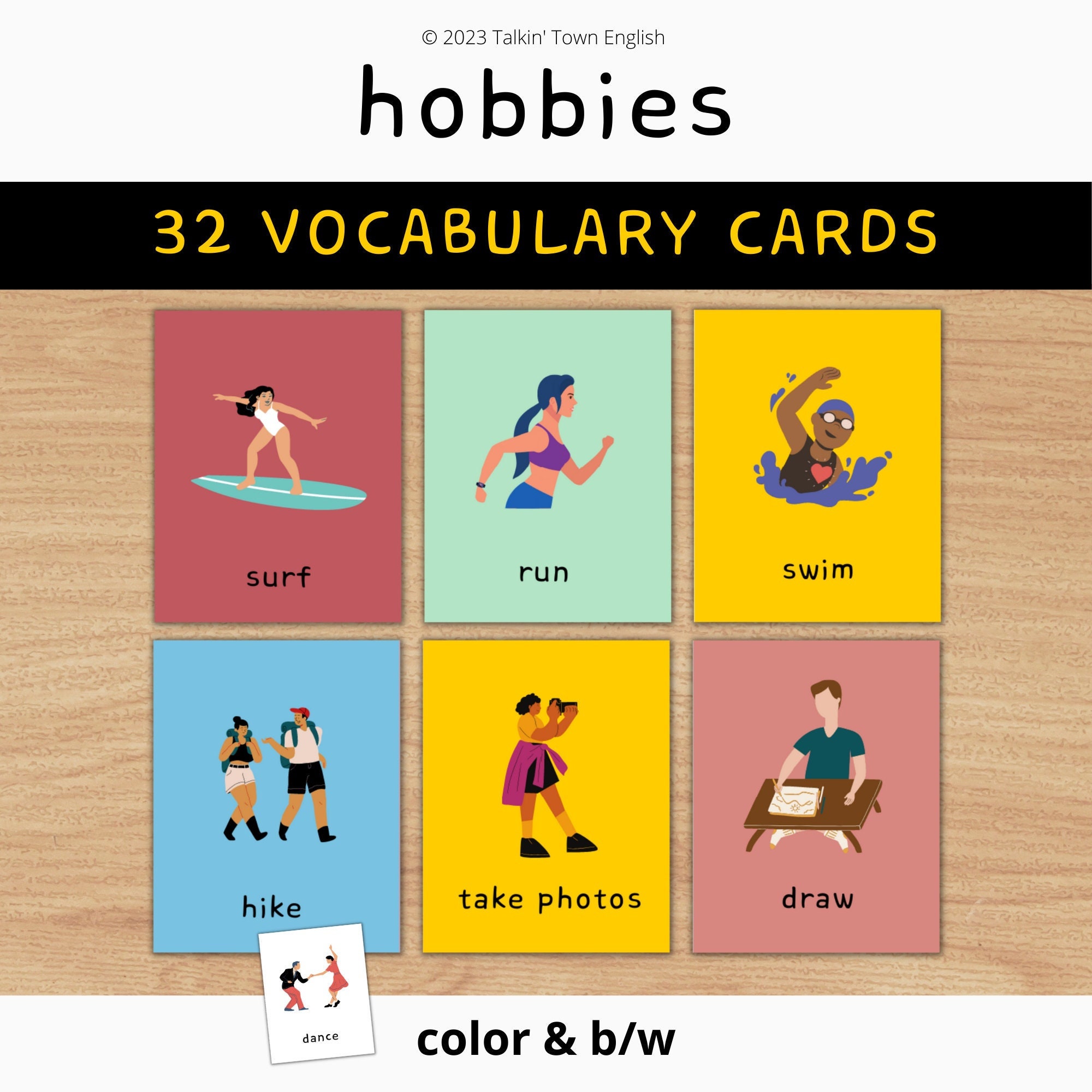 Hobbies Vocabulary Cards for ESL Games, Memory, Charades, and