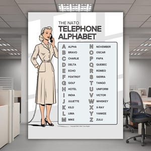 Könnte beinhalten: Ein Poster mit dem NATO-Funkalphabet und einer Retro-Illustration einer Frau am Telefon. Das Alphabet ist mit entsprechenden Wörtern für jeden Buchstaben aufgelistet, wie Alpha, Bravo, Charlie und Delta. Das Poster befindet sich in einem Büro.