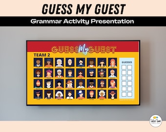 May include: A yellow and red board with the text "Guess My Guest" in a red marquee style. The board is divided into squares with cartoon faces of people in each square. The text "Team 2" is at the top of the board. There is a column on the right side of the board labeled "Guesses" with empty squares.