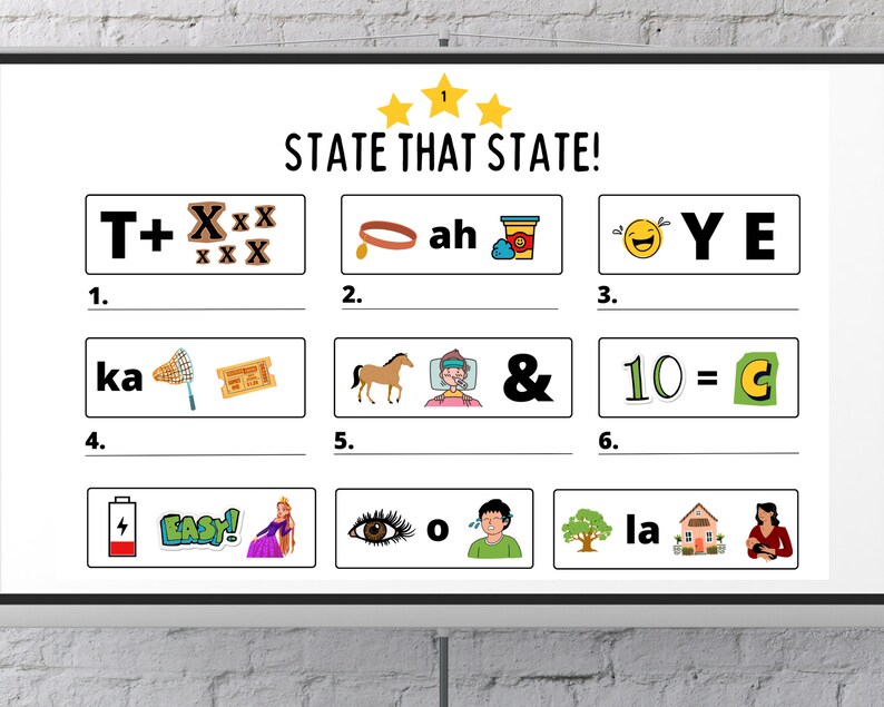 50 State Rebus Puzzles Geography Brain Teaser PDF and Presentation Esl