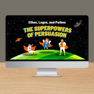 Könnte beinhalten: Ein Computerbildschirm zeigt eine Grafik mit drei Comic-Superhelden. Die Grafik trägt den Titel "Die Superkräfte der Überzeugung" und enthält den Text "Ethos, Logos und Pathos".