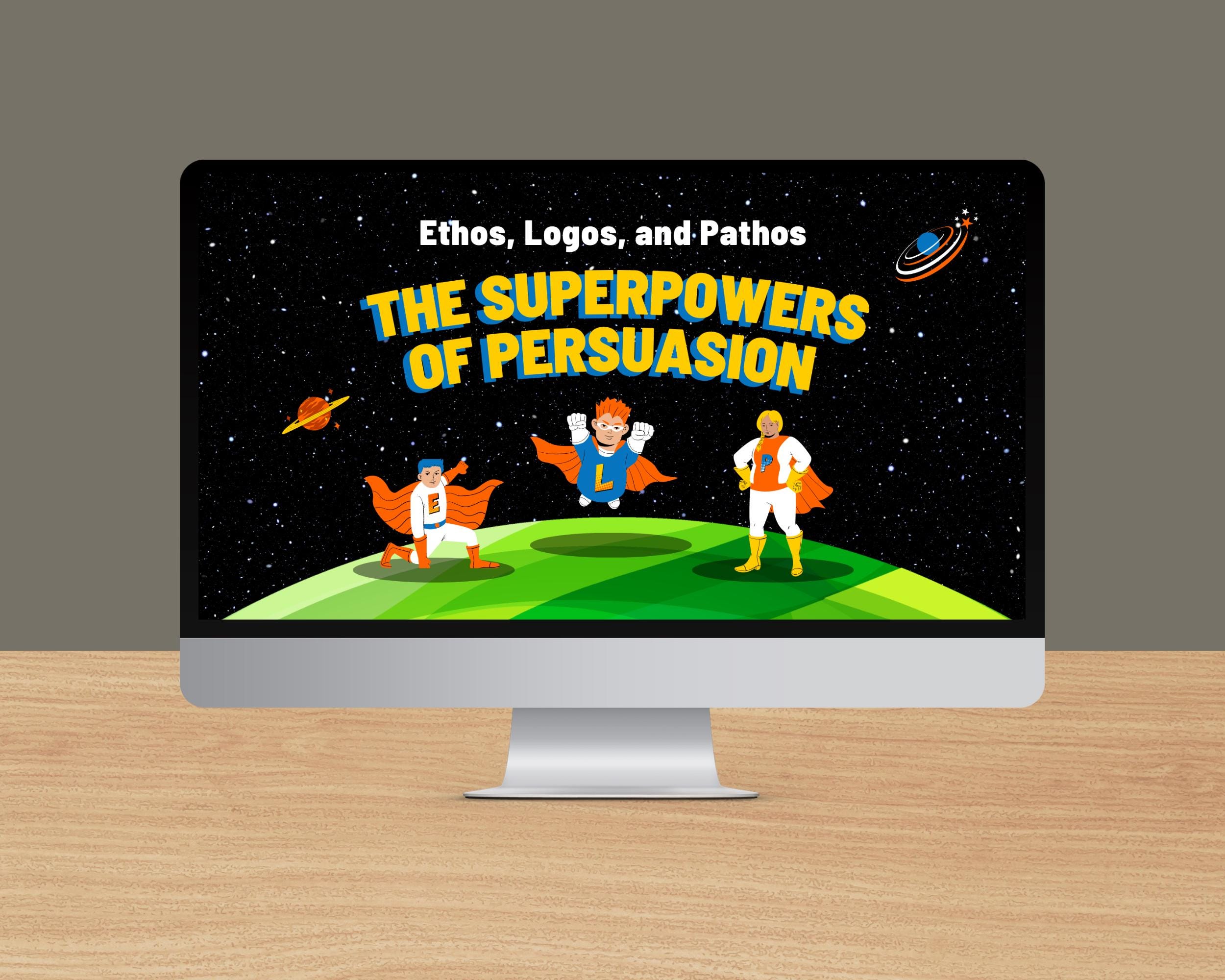 Rhetorische Appelle: Ethos, Pathos, Logos, Kairos Superhelden Thema Powerpoint Canva Präsentationsvorlage PDF für Englisch/ESL/ELA
