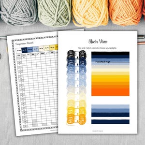 Peut inclure: Une feuille de relevé de température imprimable et un tableau de vue des écheveaux pour les artisans du fil. Le tableau de vue des écheveaux montre un dégradé de couleurs de fil bleu et jaune. La feuille de relevé de température comporte des colonnes pour les dates, les minima, les maxima et les notes.