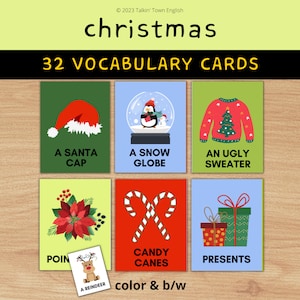 Tarjetas de vocabulario navideñas, tarjetas didácticas navideñas para juegos de ESL, memoria, charadas, gramática y conversación, recursos de enseñanza de inglés / PDF