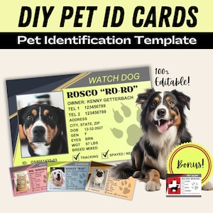 Plantilla de tarjeta de identificación de mascota personalizada para diseñar e imprimir en casa para identificación de perros y gatos por seguridad, viajes, diversión, además de plantilla de calcomanía ADICIONAL