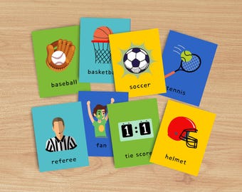 Sports Flashcards Vocabulary Cards | 32 Sports & Sports Equipment for ESL Games, Comparisons and Conversation English Language Printable PDF