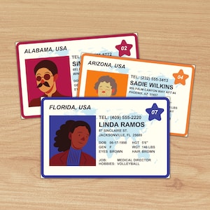 Tarjetas de identificación imprimibles para 16 personajes, fondos y trabajos ilustrados, además de una plantilla para crear tarjetas de identificación personalizadas para juegos de rol, ESL y oratoria