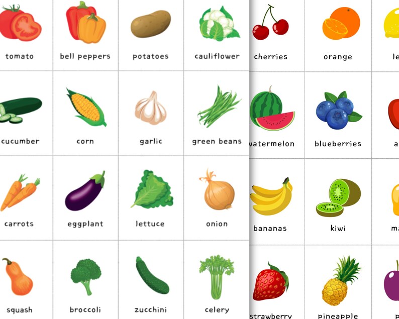 Tarjetas de vocabulario de frutas y verduras: 32 tarjetas imprimibles ...