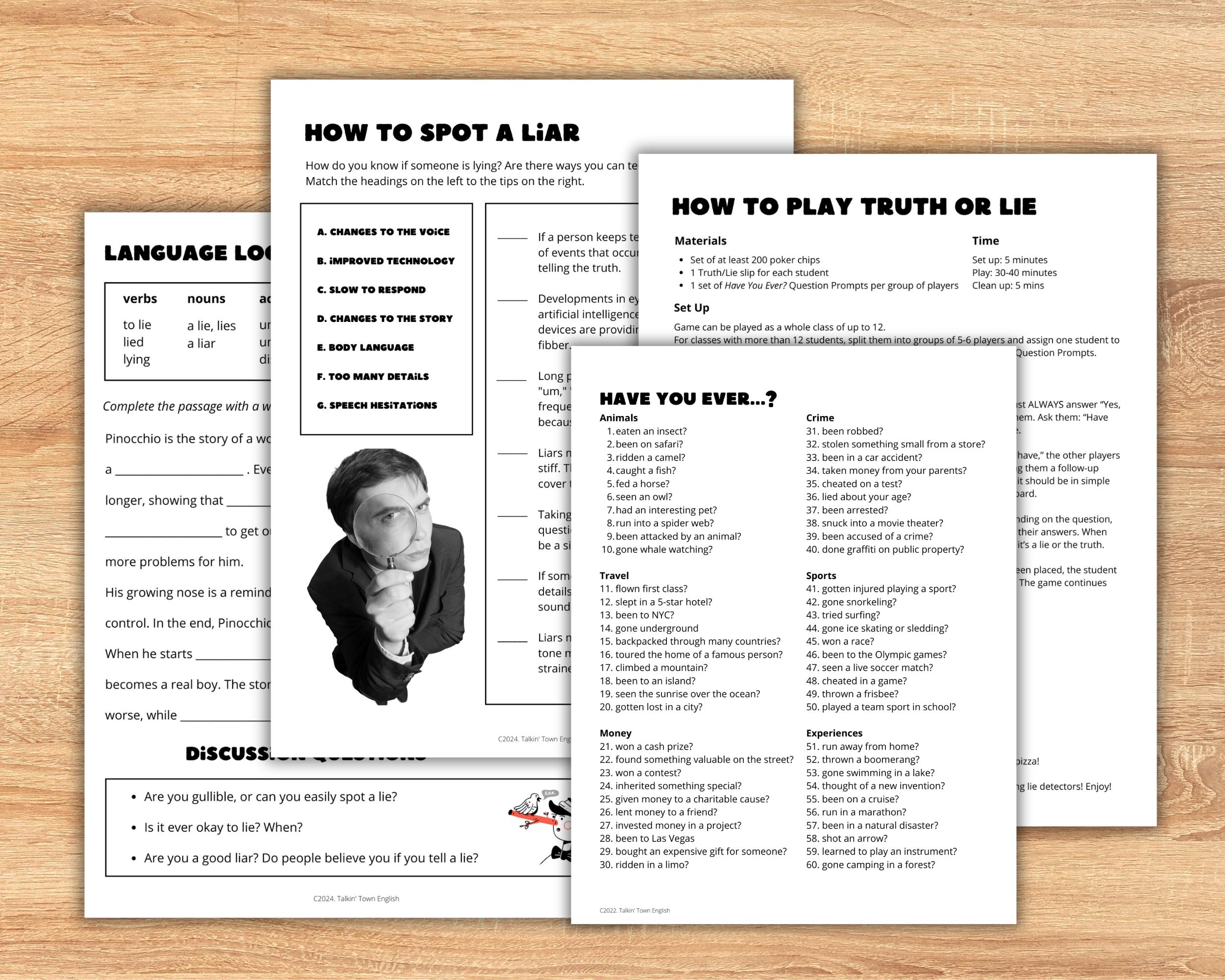 Truth or Lie ESL Game: Irregular Verbs Speaking Activity (PDF) - Etsy