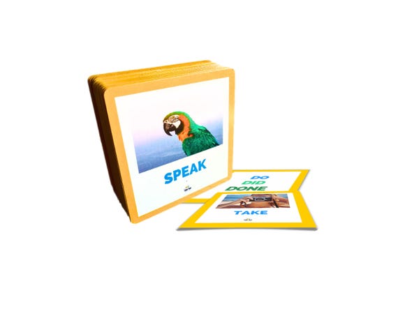 Irregular Verb English Flashcards Physical Deck: 70 Common Verbs with Present, Past, Perfect Forms on Backs, Photo Fronts, ESL Teaching Tool
