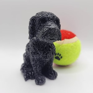 May include: A black, detailed, 3D printed figurine of a dog sitting with a tennis ball beside it.