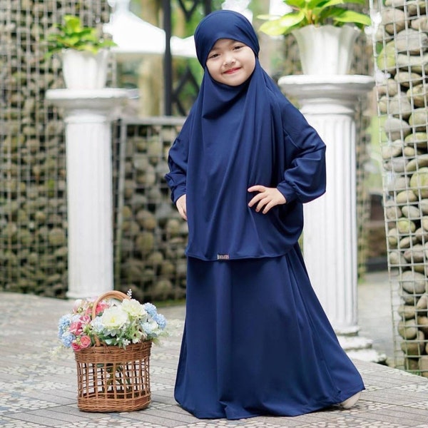 Costume de chambre khimar français pour filles de 1 à 6 ans, peut être utilisé comme voile, couleur bleu marine khimar français aisyah