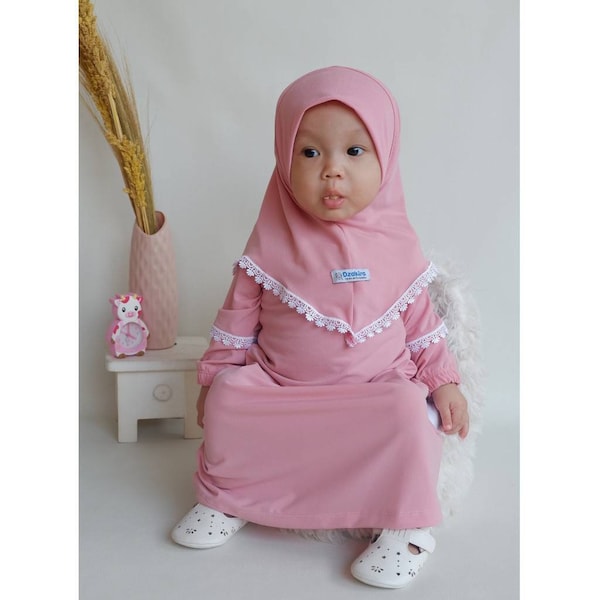 Baby or children abaya renda dzakira sets dress and hijab 0 - 3 years old dusty pink colour
