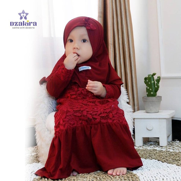 Baby or children abaya renda dzakira sets dress and hijab new born - 4 years old maroon colour