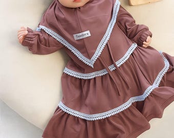 Conjunto de abaya dzakira e hijab para bebês ou crianças de 0 a 3 anos, cor ameixa.