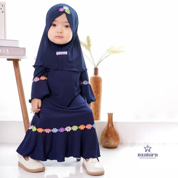 new born - 4 years old Baby or children abaya renbow dzakira sets dress and hijab Navy colour