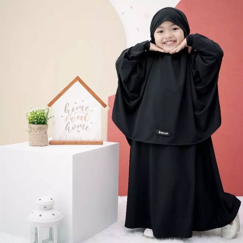 1 to 6 years French khimar girls robe suit, can be used as a veil, french khimar aisyah pink color Black