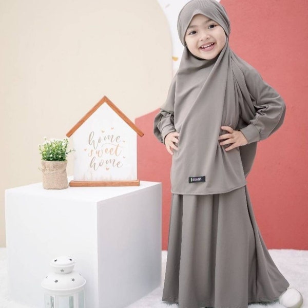 Costume de chambre khimar français pour fille de 1 à 6 ans, peut être utilisé comme voile, couleur fumée khimar français aisyah