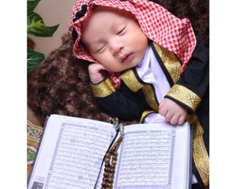 Roupa de bebê bisht, conjuntos de luxo árabes, roupa de oração de bebê com linha preta e dourada, thobe de bebê