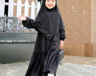 Conjunto robe para meninas de 1 a 6 anos, modelo khimar francês YUMNA, cor preta.