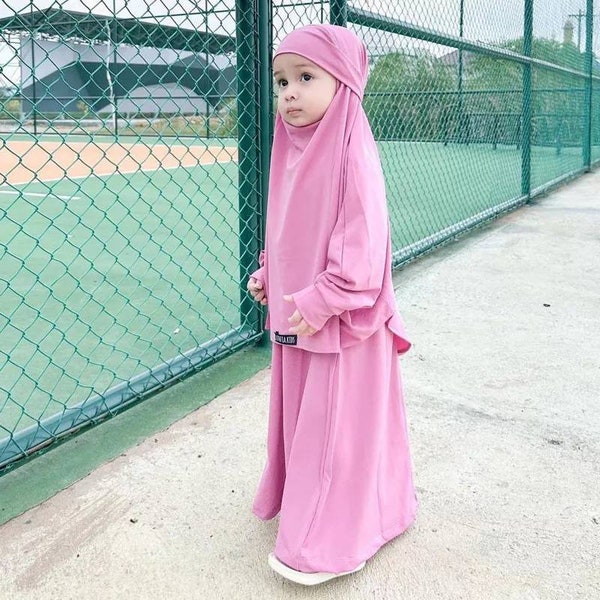 Costume de chambre khimar français pour fille de 1 à 6 ans, peut être utilisé comme voile, couleur rose khimar français aisyah