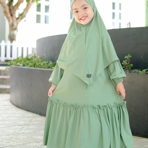 1 to 6 years girls robe suit, french khimar YUMNA Sage green colour