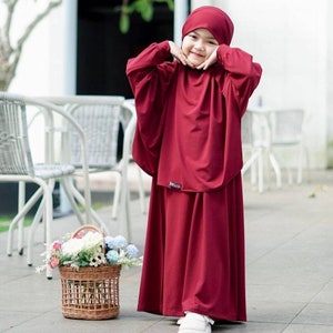 1 to 6 years French khimar girls robe suit, can be used as a veil, french khimar aisyah pink color Maroon