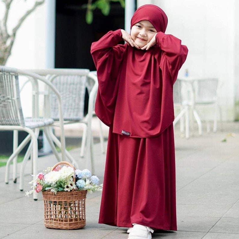 1 to 6 years French khimar girls robe suit, can be used as a veil, french khimar aisyah pink color Maroon