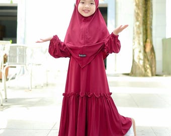 Conjunto robe para meninas de 1 a 6 anos, modelo khimar francês YUMNA, cor bordô.