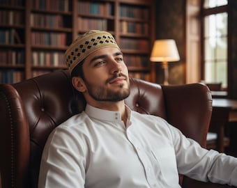 Kufi masculino para oração, modelo Ammar, nas cores preto e marrom.