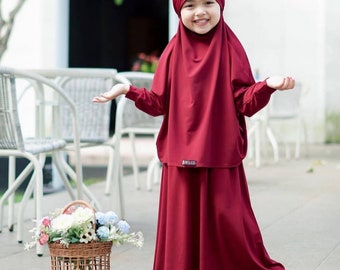 1 to 6 years French khimar girls robe suit, can be used as a veil, french khimar aisyah maroon color