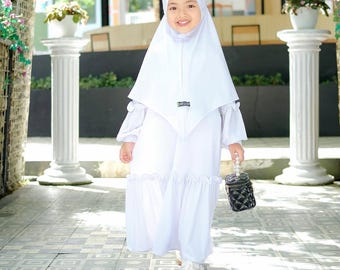 Terno de roupão para meninas de 1 a 6 anos, francês khimar YUMNA cor branca